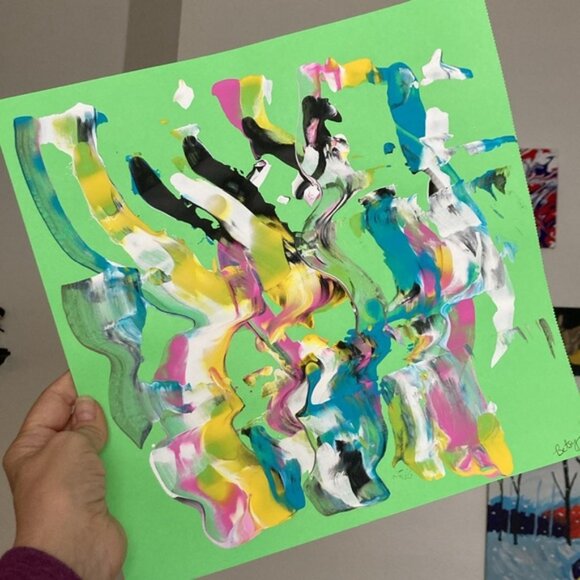 Squeegee Art NEW abstract art on green paper ready to frame - Picture 4 of 5